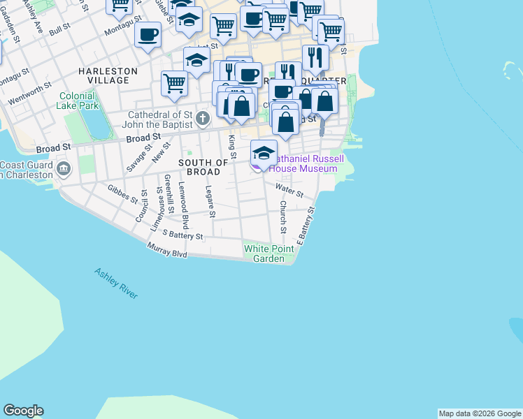 map of restaurants, bars, coffee shops, grocery stores, and more near 23 Meeting Street in Charleston