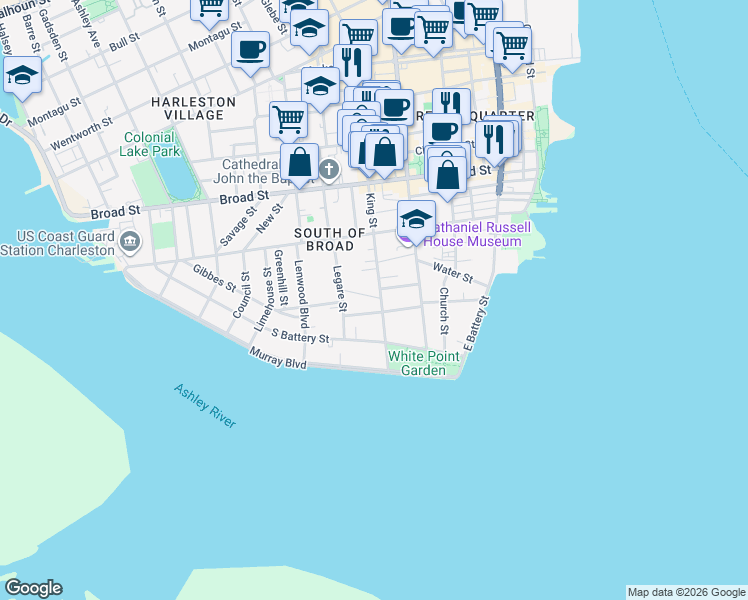 map of restaurants, bars, coffee shops, grocery stores, and more near 22 King Street in Charleston