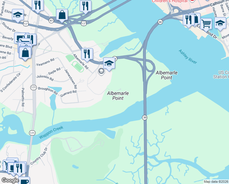 map of restaurants, bars, coffee shops, grocery stores, and more near 4 Albemarle Road in Charleston