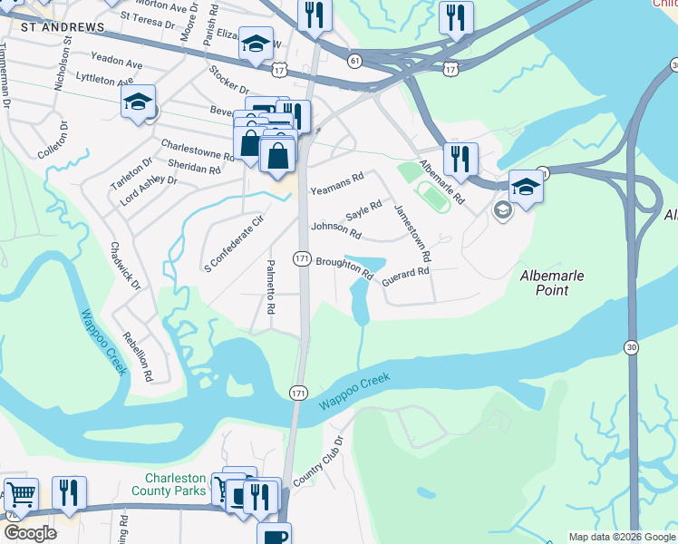 map of restaurants, bars, coffee shops, grocery stores, and more near 5 New Town Lane in Charleston