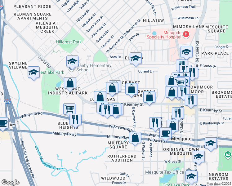 map of restaurants, bars, coffee shops, grocery stores, and more near 852 Brockden Drive in Mesquite