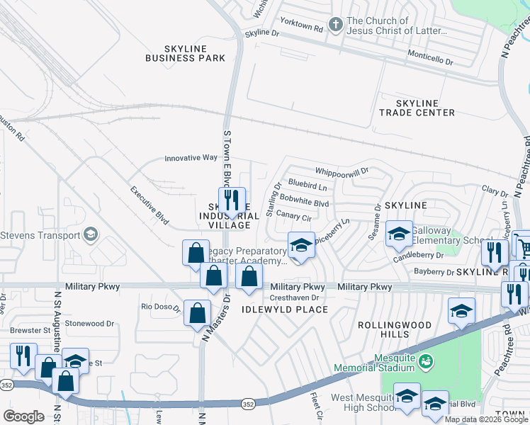 map of restaurants, bars, coffee shops, grocery stores, and more near 4904 Executive Boulevard in Mesquite