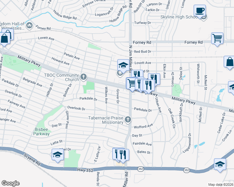 map of restaurants, bars, coffee shops, grocery stores, and more near 6835 Woodard Avenue in Dallas