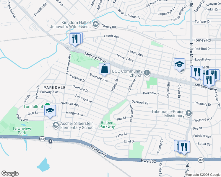 map of restaurants, bars, coffee shops, grocery stores, and more near 6223 Parkdale Drive in Dallas