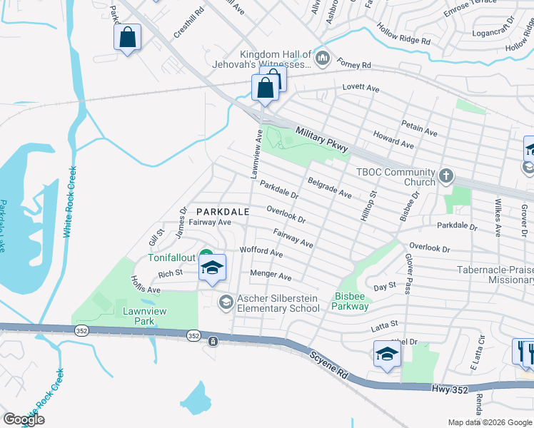 map of restaurants, bars, coffee shops, grocery stores, and more near 6030 Overlook Drive in Dallas
