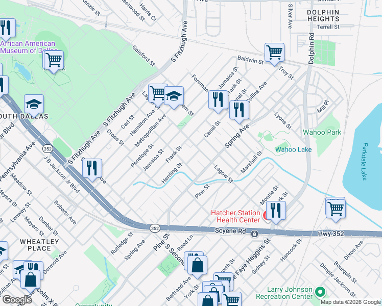 map of restaurants, bars, coffee shops, grocery stores, and more near 2610 Gertrude Avenue in Dallas