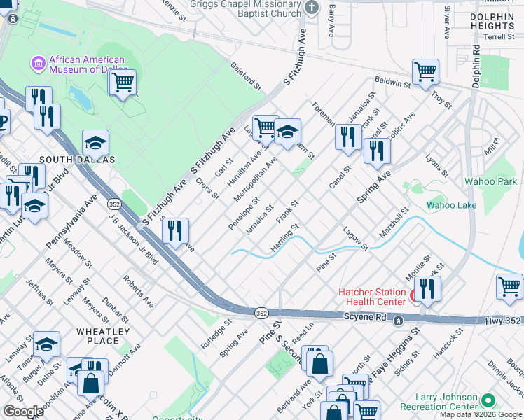 map of restaurants, bars, coffee shops, grocery stores, and more near 3806 Penelope Street in Dallas