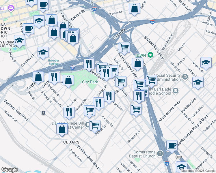 map of restaurants, bars, coffee shops, grocery stores, and more near 1830 Park Avenue in Dallas