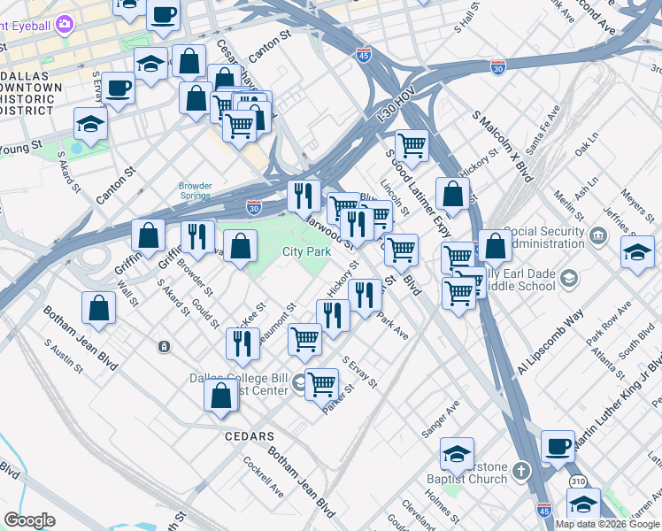 map of restaurants, bars, coffee shops, grocery stores, and more near 1714 South Street Paul Street in Dallas