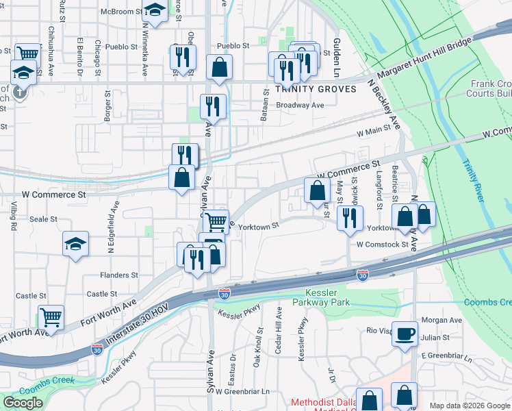 map of restaurants, bars, coffee shops, grocery stores, and more near 604 Fort Worth Avenue in Dallas
