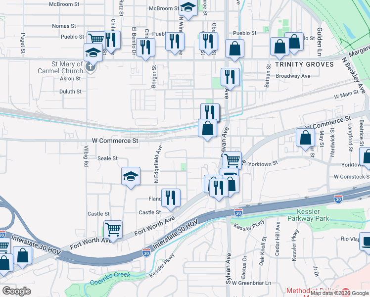 map of restaurants, bars, coffee shops, grocery stores, and more near 1159 Clifftop Lane in Dallas