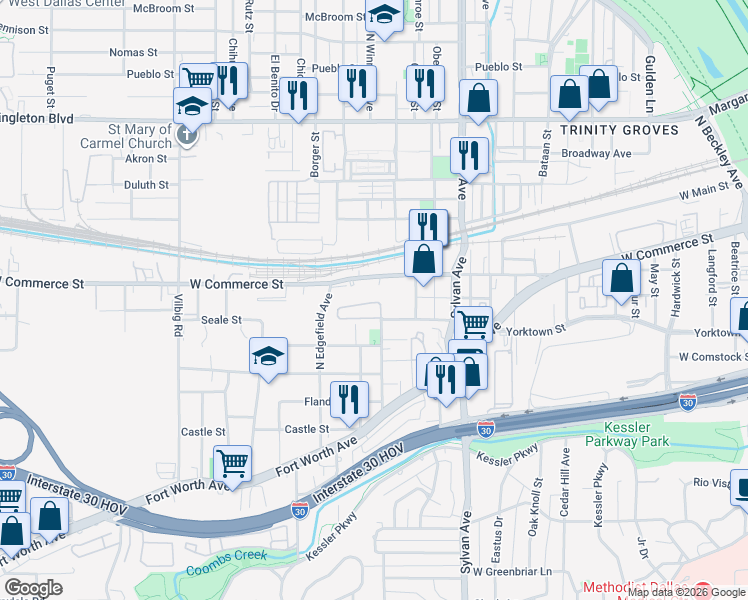 map of restaurants, bars, coffee shops, grocery stores, and more near 1159 Clifftop Lane in Dallas