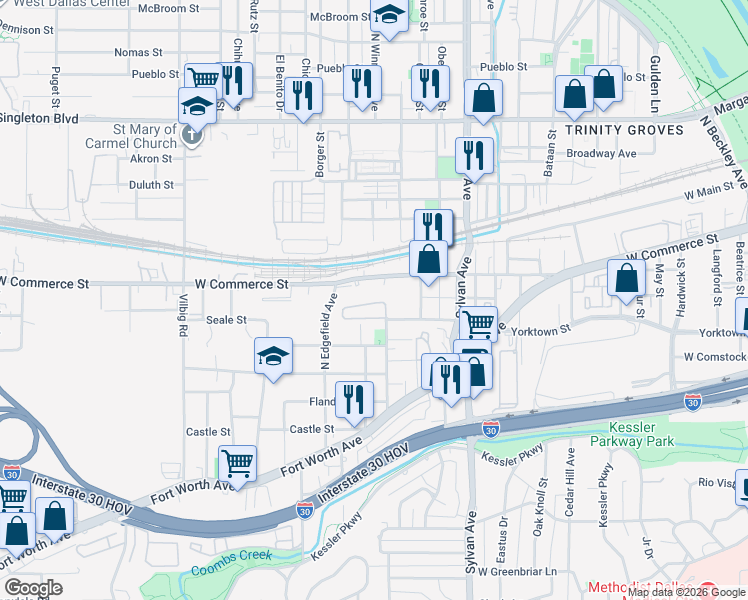 map of restaurants, bars, coffee shops, grocery stores, and more near 1159 Clifftop Lane in Dallas