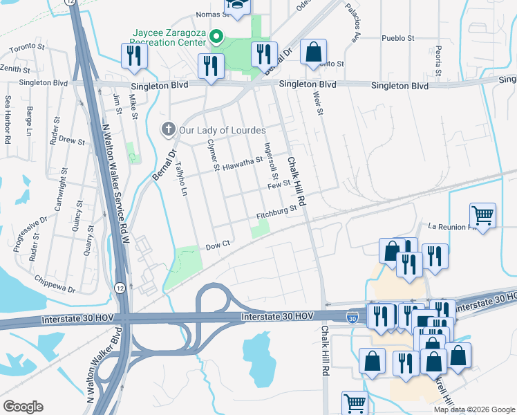 map of restaurants, bars, coffee shops, grocery stores, and more near 2406 Iroquois Street in Dallas
