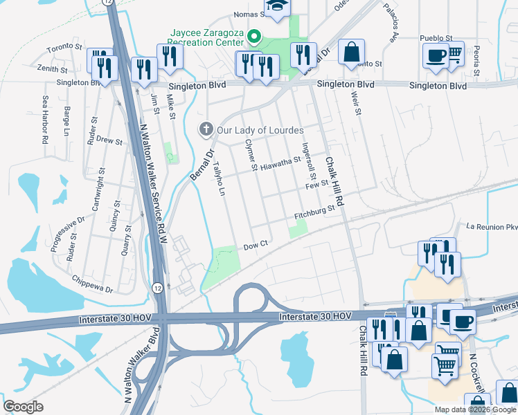map of restaurants, bars, coffee shops, grocery stores, and more near 2419 Clymer Street in Dallas