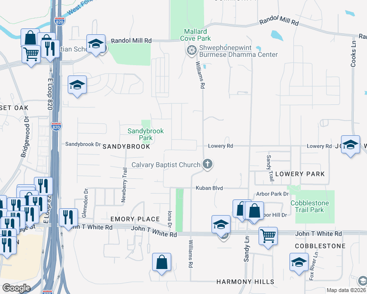 map of restaurants, bars, coffee shops, grocery stores, and more near 608 Williams Road in Fort Worth