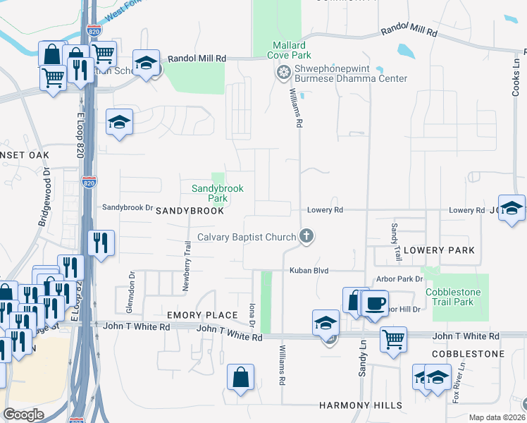 map of restaurants, bars, coffee shops, grocery stores, and more near 608 Williams Road in Fort Worth