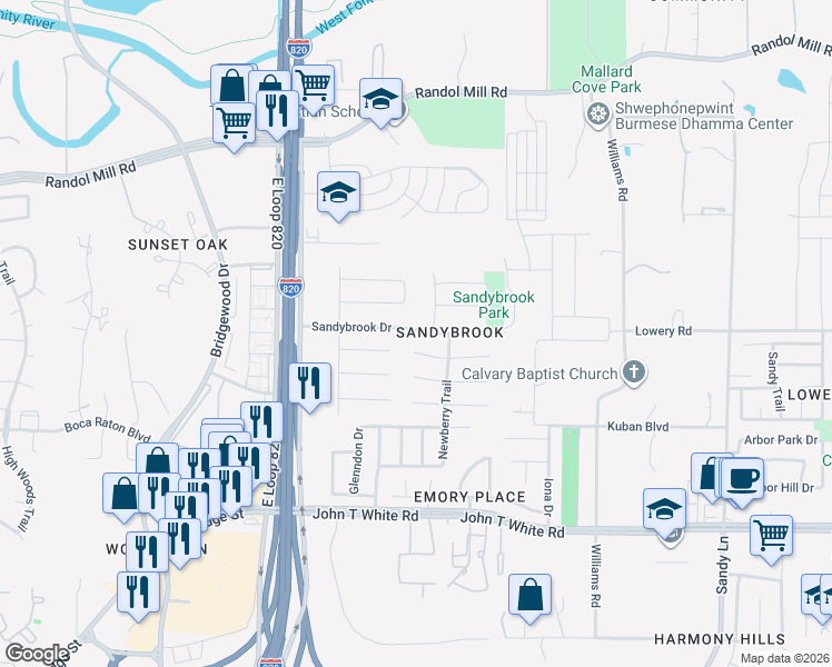 map of restaurants, bars, coffee shops, grocery stores, and more near 6962 Sandybrook Drive in Fort Worth