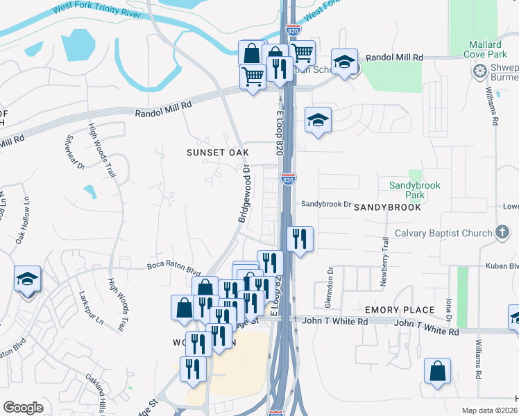 map of restaurants, bars, coffee shops, grocery stores, and more near 520 Signal Hill Court South in Fort Worth