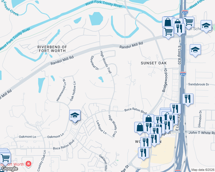 map of restaurants, bars, coffee shops, grocery stores, and more near 6113 Cholla Drive in Fort Worth