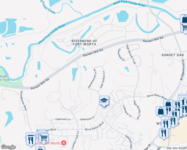 map of restaurants, bars, coffee shops, grocery stores, and more near 413 Havenwood Lane North in Fort Worth