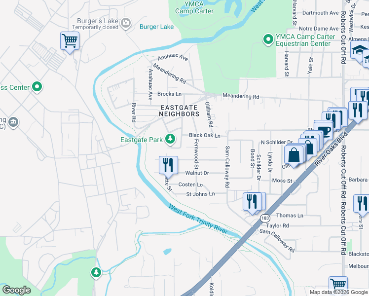 map of restaurants, bars, coffee shops, grocery stores, and more near 6105 Douglas Street in Fort Worth