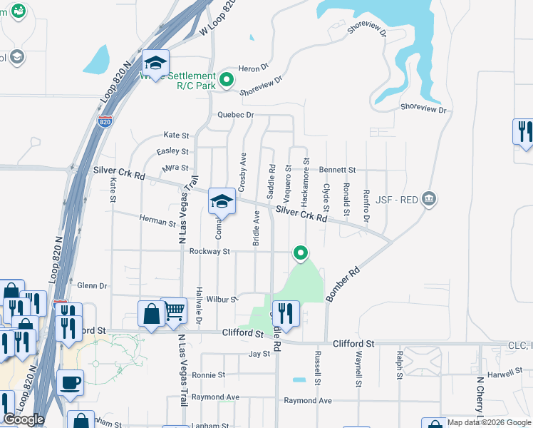 map of restaurants, bars, coffee shops, grocery stores, and more near 741 Saddle Road in White Settlement