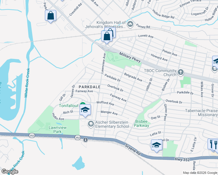 map of restaurants, bars, coffee shops, grocery stores, and more near 6030 Overlook Drive in Dallas