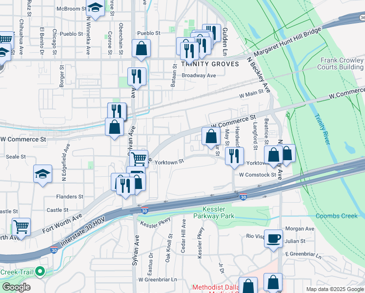 map of restaurants, bars, coffee shops, grocery stores, and more near 2219 Pittman Street in Dallas