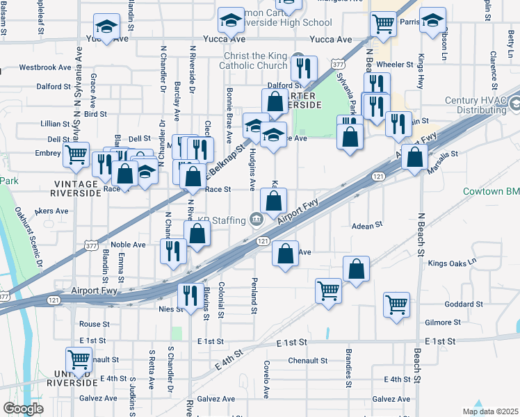 map of restaurants, bars, coffee shops, grocery stores, and more near 600 Hudgins Avenue in Fort Worth