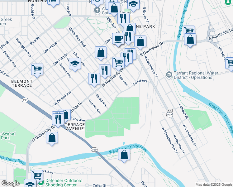 map of restaurants, bars, coffee shops, grocery stores, and more near 1201 Circle Park Boulevard in Fort Worth