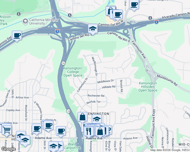 map of restaurants, bars, coffee shops, grocery stores, and more near 5200 Marlborough Drive in San Diego
