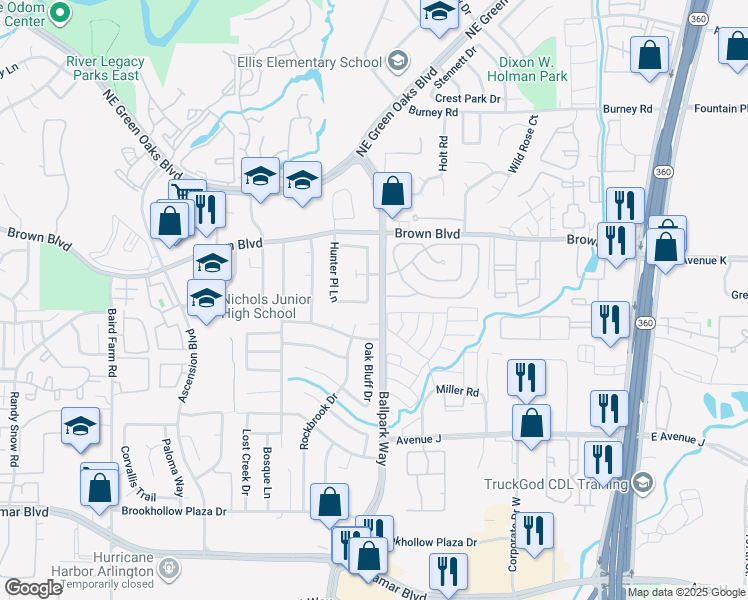 map of restaurants, bars, coffee shops, grocery stores, and more near 2201 Templeton Drive in Arlington