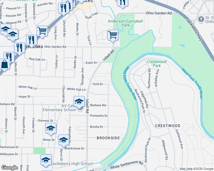 map of restaurants, bars, coffee shops, grocery stores, and more near 4301 Ovid Drive in Fort Worth