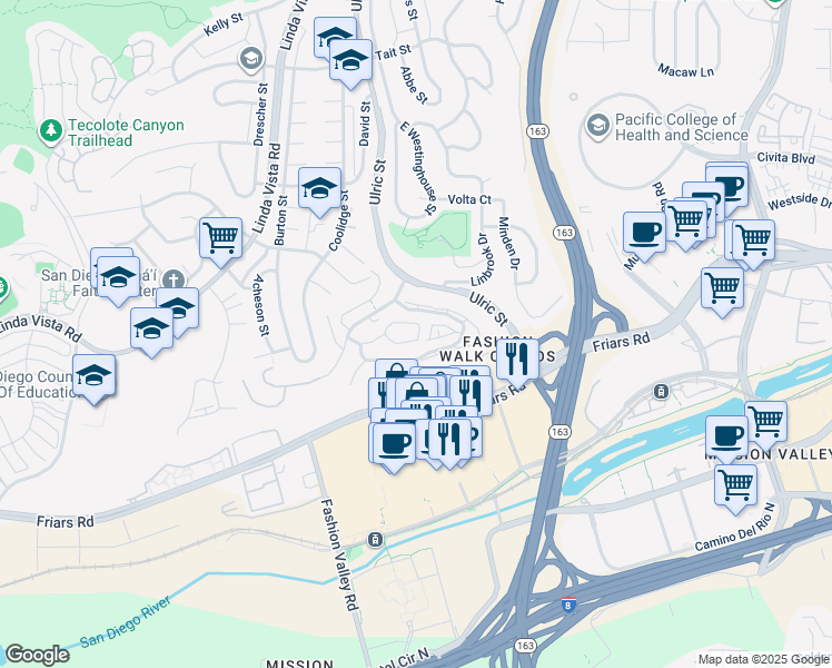 map of restaurants, bars, coffee shops, grocery stores, and more near 7067 Camino Revueltos in San Diego