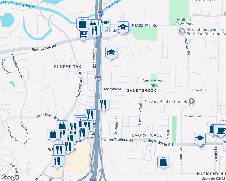 map of restaurants, bars, coffee shops, grocery stores, and more near 6900 Sandybrook Drive in Fort Worth