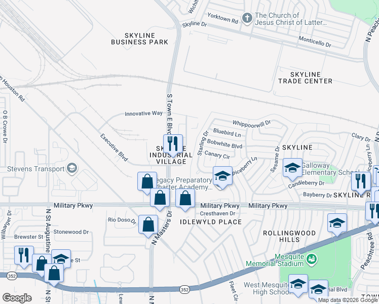 map of restaurants, bars, coffee shops, grocery stores, and more near 4904 Executive Blvd in Mesquite