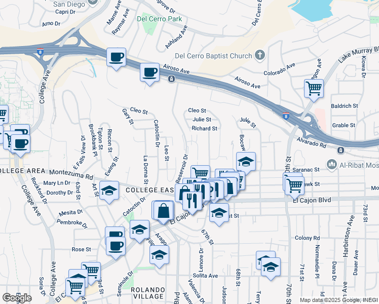 map of restaurants, bars, coffee shops, grocery stores, and more near 5275 Reservoir Drive in San Diego