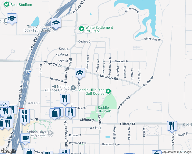 map of restaurants, bars, coffee shops, grocery stores, and more near 741 Saddle Road in White Settlement