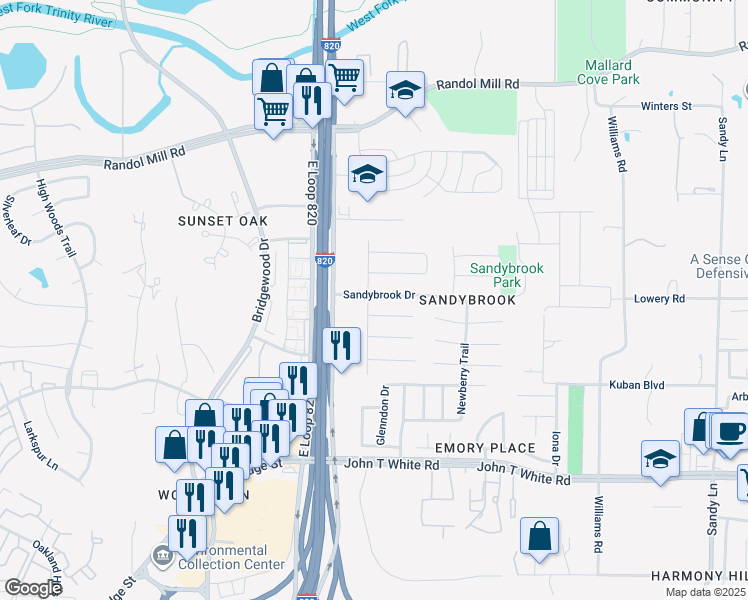 map of restaurants, bars, coffee shops, grocery stores, and more near 6900 Sandybrook Drive in Fort Worth
