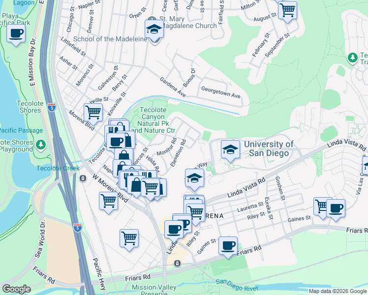 map of restaurants, bars, coffee shops, grocery stores, and more near 1457 Elevation Road in San Diego
