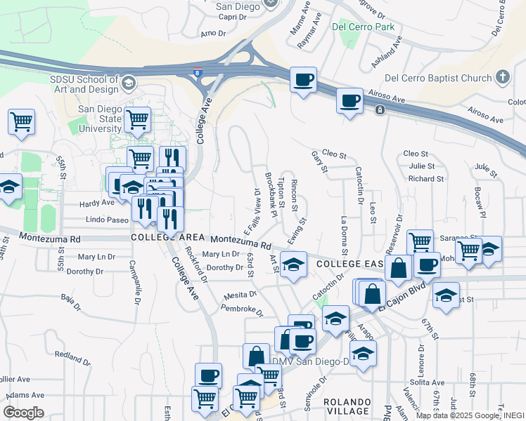 map of restaurants, bars, coffee shops, grocery stores, and more near 5136 East Falls View Drive in San Diego