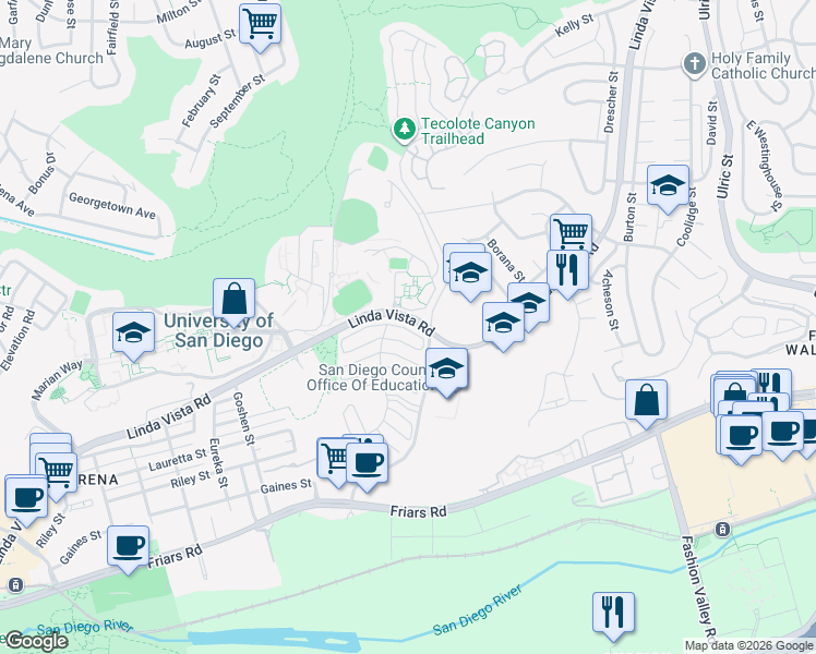 map of restaurants, bars, coffee shops, grocery stores, and more near 6350 Caminito Salado in San Diego
