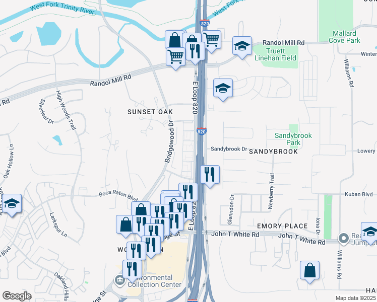 map of restaurants, bars, coffee shops, grocery stores, and more near 500 East Loop 820 in Fort Worth