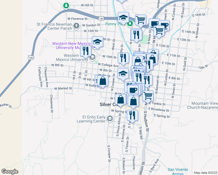 map of restaurants, bars, coffee shops, grocery stores, and more near 611 W Kelly St in Silver City