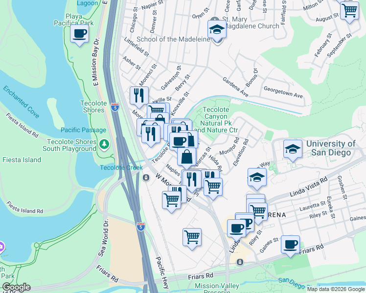map of restaurants, bars, coffee shops, grocery stores, and more near 1315 Morena Boulevard in San Diego