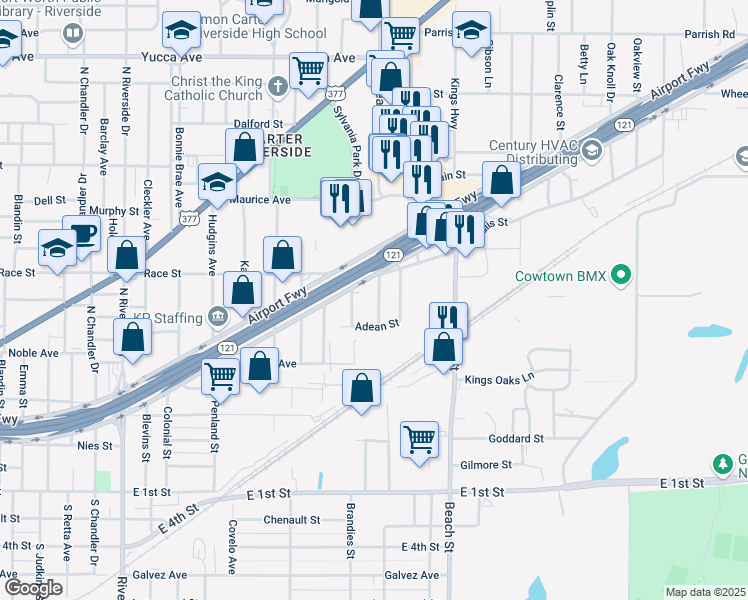 map of restaurants, bars, coffee shops, grocery stores, and more near 601 West Beach Street in Fort Worth