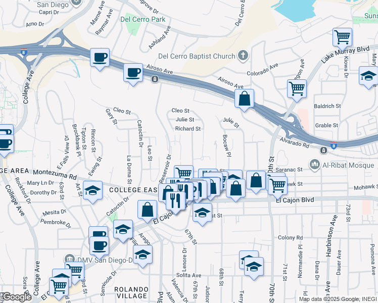 map of restaurants, bars, coffee shops, grocery stores, and more near 5072 67th Street in San Diego