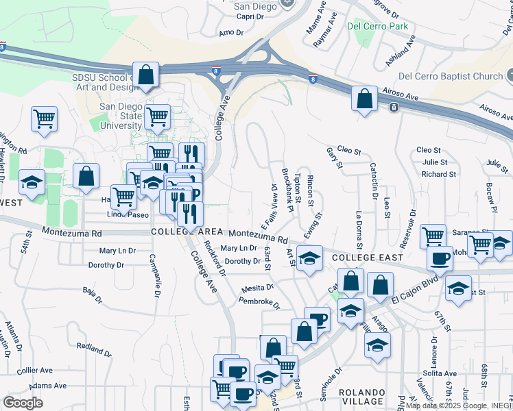 map of restaurants, bars, coffee shops, grocery stores, and more near 6320 Aztec Walk East in San Diego