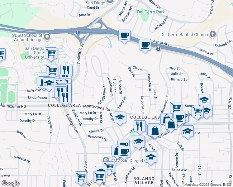 map of restaurants, bars, coffee shops, grocery stores, and more near 5149 Tipton Street in San Diego